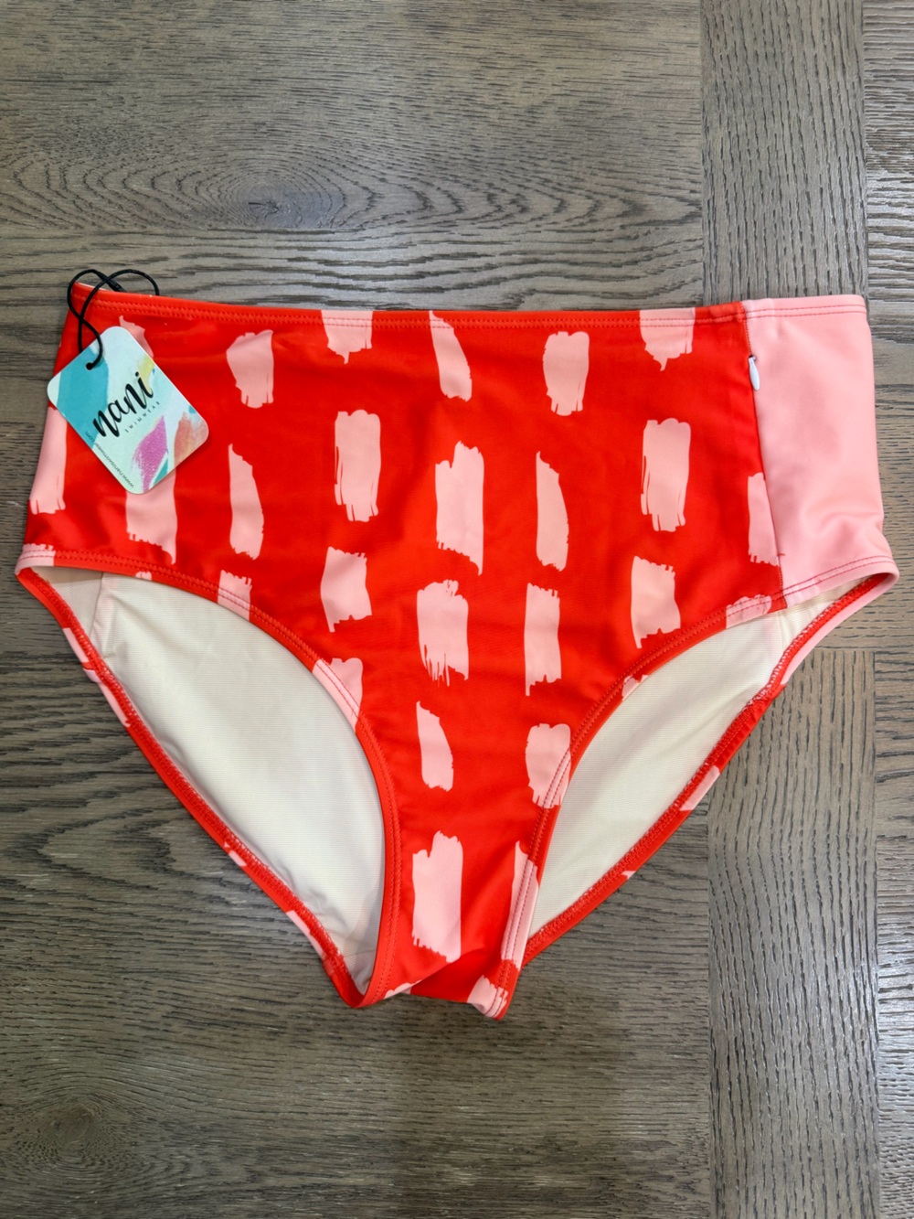 NWT Nani Swim High-Waist Bikini Bottom in Orange & Pink Brushstroke with Pocket